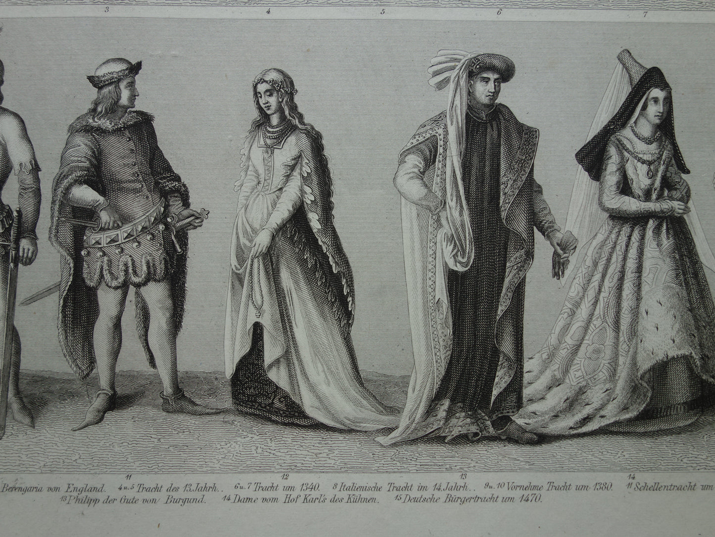 150+ jaar oude prent geschiedenis met portret Philips de Goede Hendrik II Frederick Barbarossa antieke illustratie kleding in late middeleeuwen prints