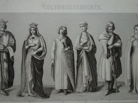 150+ jaar oude prent geschiedenis met portret Philips de Goede Hendrik II Frederick Barbarossa antieke illustratie kleding in late middeleeuwen prints