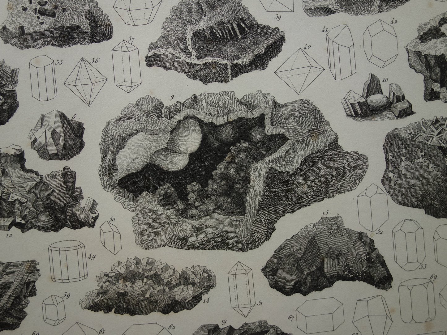 MINERALOGIE Antieke prent over edelstenen en mineralen Ruim 170 jaar oude print kristallen steen mineraal edelsteen vintage illustratie afbeelding