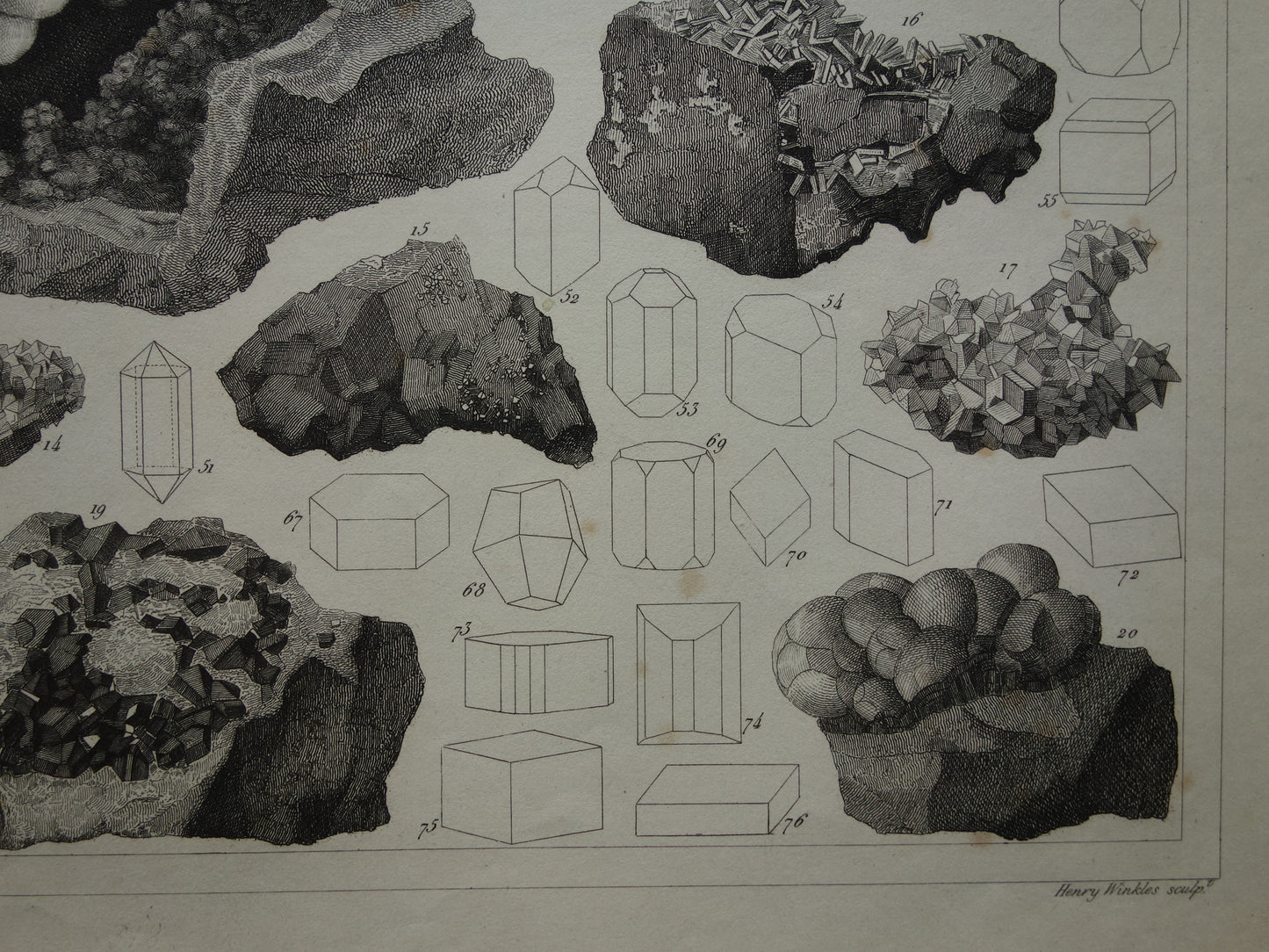 MINERALOGIE Antieke prent over edelstenen en mineralen Ruim 170 jaar oude print kristallen steen mineraal edelsteen vintage illustratie afbeelding