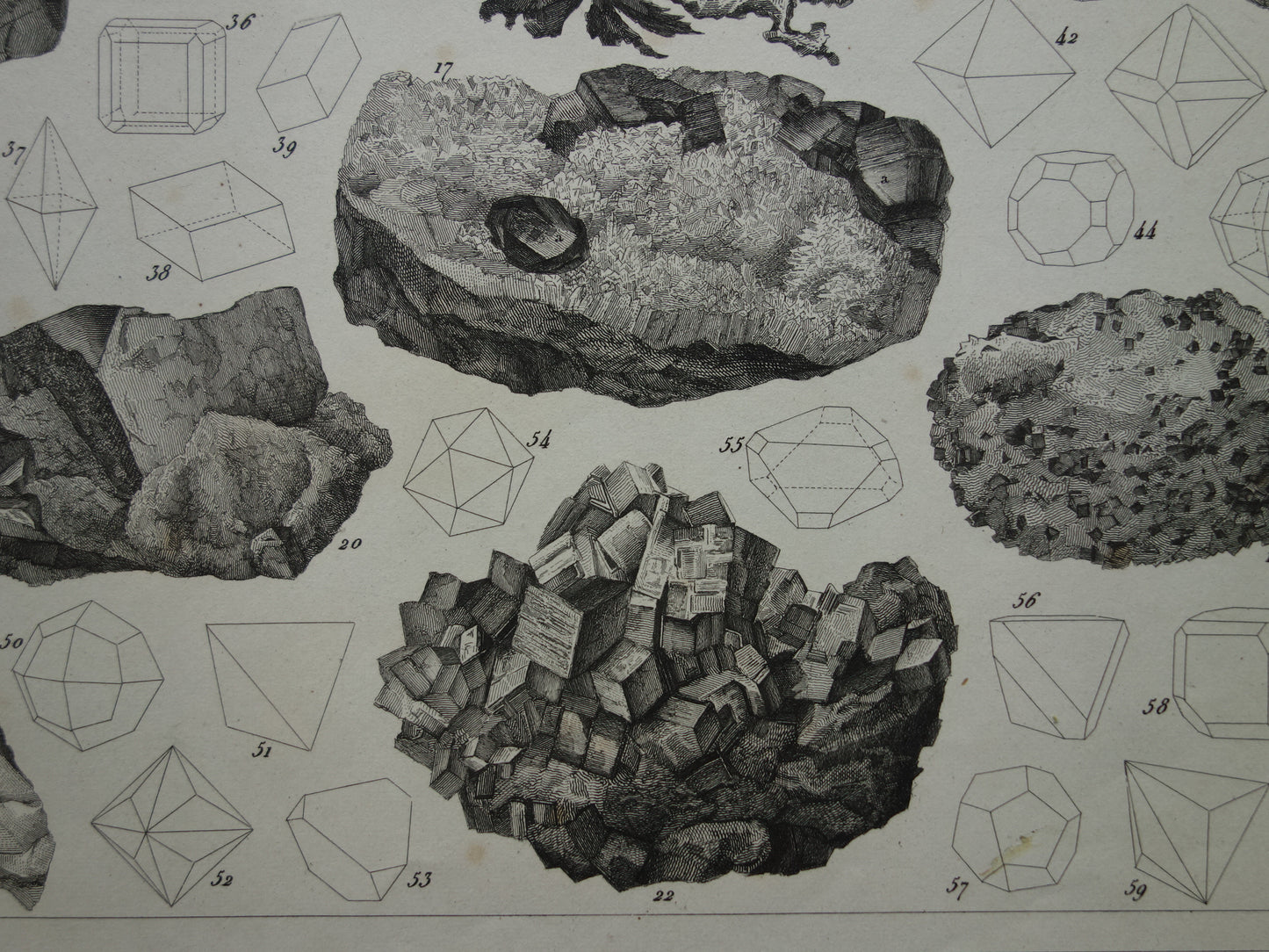 Oude prent over edelstenen en mineralen uit 1849 originele antieke print kristallen kristalstructuren edelsteen vormen vintage illustratie