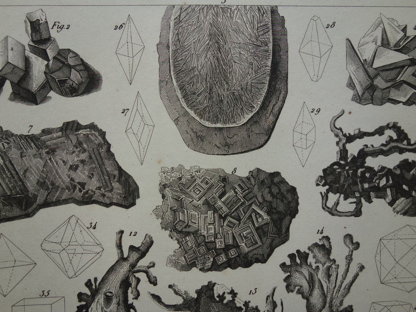 Oude prent over edelstenen en mineralen uit 1849 originele antieke print kristallen kristalstructuren edelsteen vormen vintage illustratie