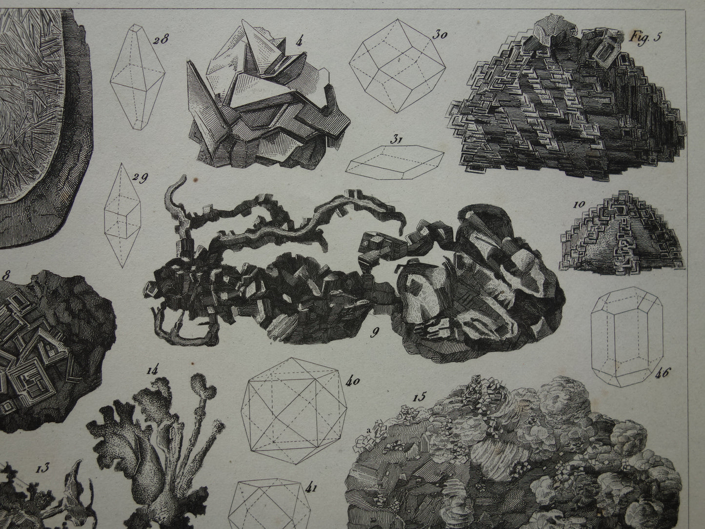 Oude prent over edelstenen en mineralen uit 1849 originele antieke print kristallen kristalstructuren edelsteen vormen vintage illustratie