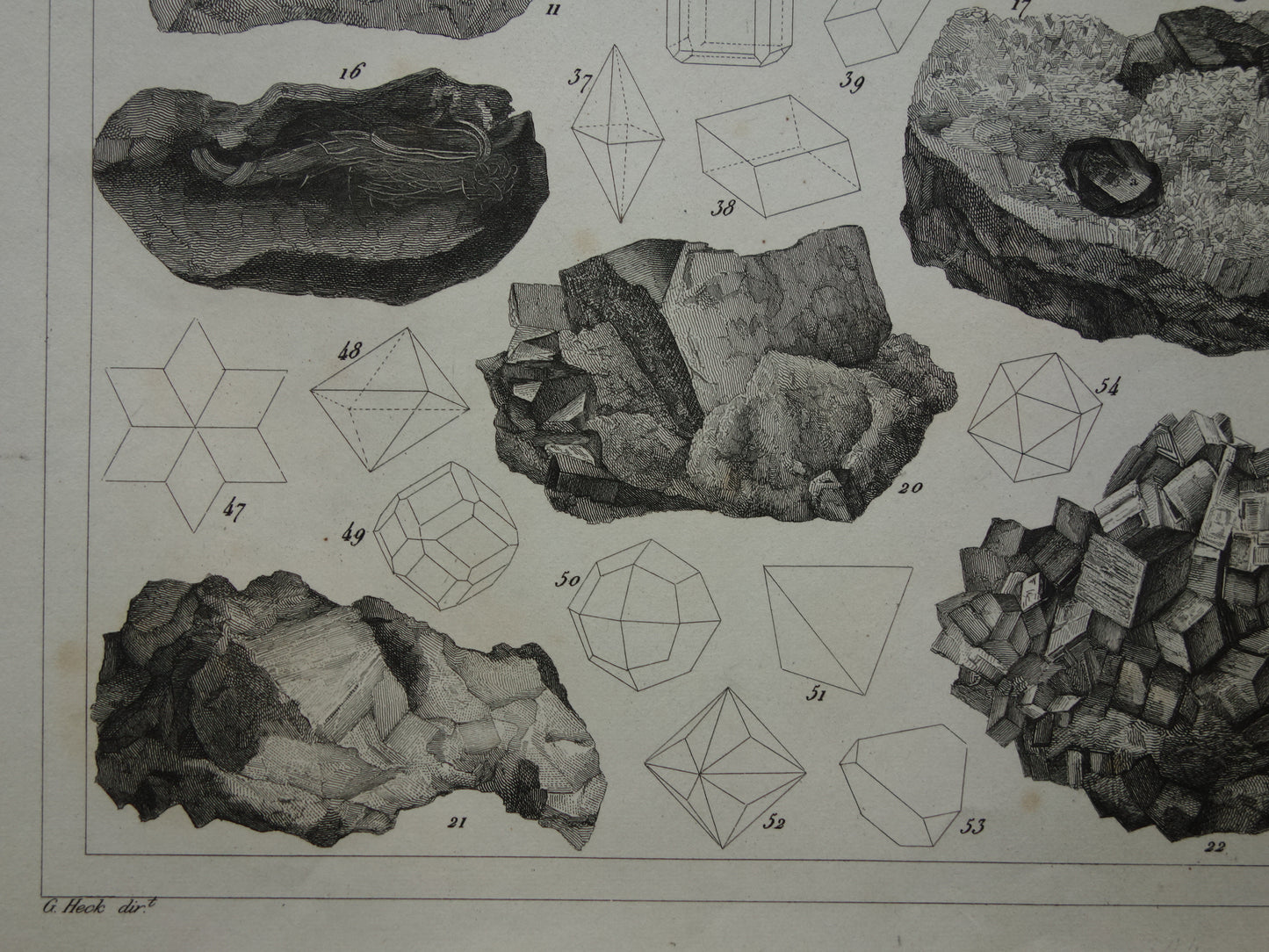 Oude prent over edelstenen en mineralen uit 1849 originele antieke print kristallen kristalstructuren edelsteen vormen vintage illustratie