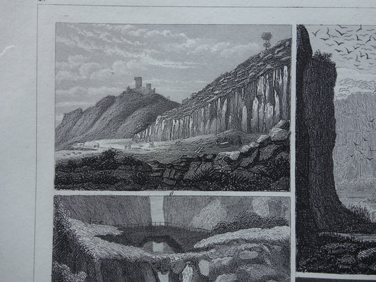 Antieke Geologie prent Rotsen Kīlauea vulkaan Hawaï Originele 175+ jaar oude geologische illustratie rotsformaties vintage prints
