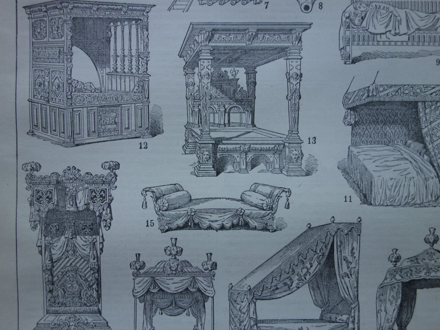 BEDS Vintage print history of the bed original antique illustration sleeping design design bed image old print