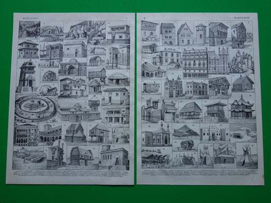 HUIZEN Oude architectuur prent over woningen originele antieke illustratie geschiedenis van huis woning woningbouw afbeelding vintage print