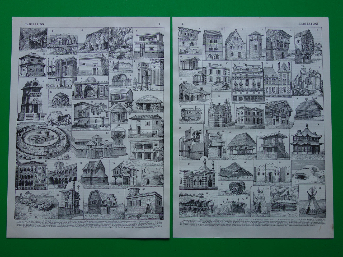 HUIZEN Oude architectuur prent over woningen originele antieke illustratie geschiedenis van huis woning woningbouw afbeelding vintage print
