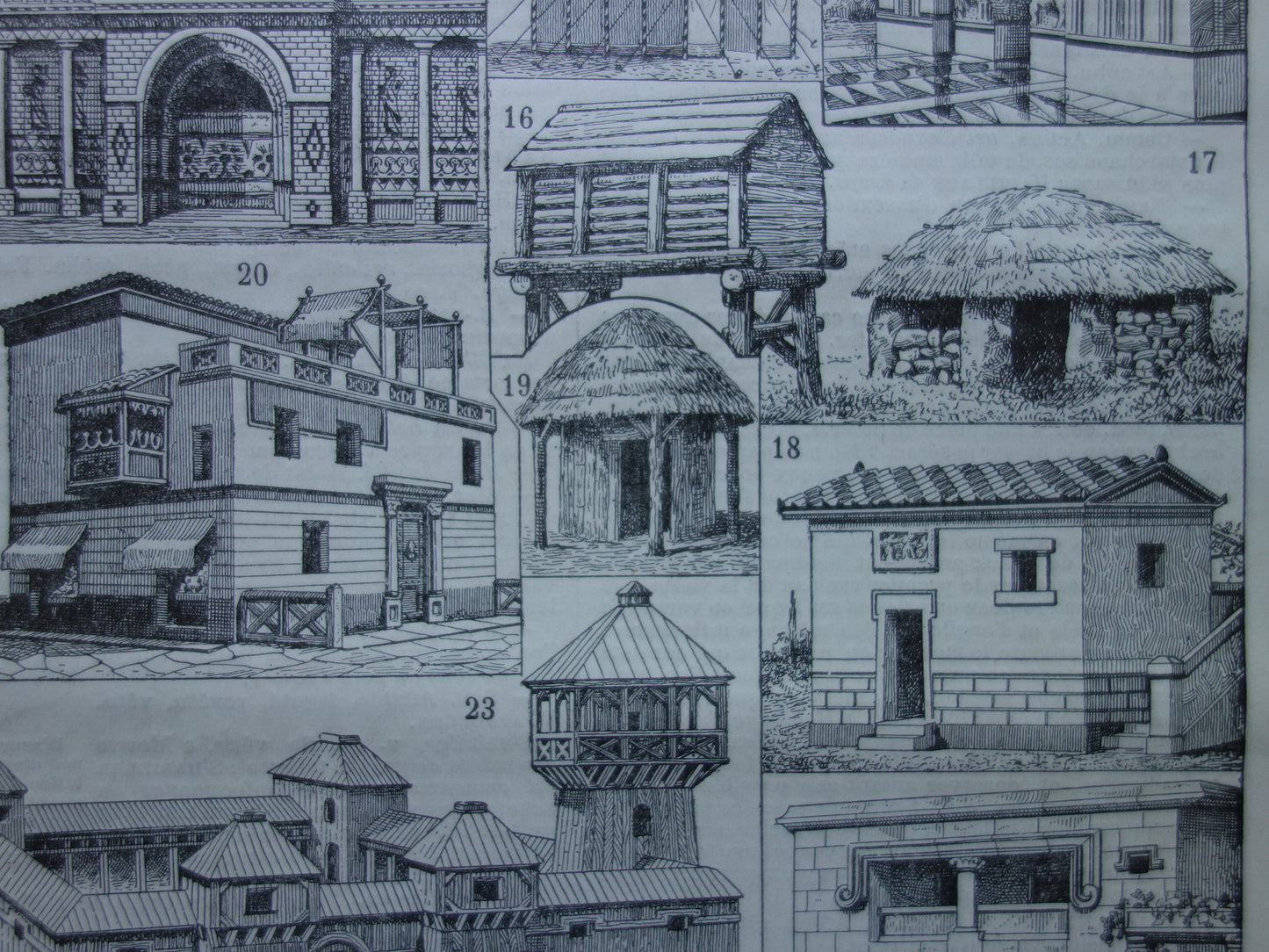 HUIZEN Oude architectuur prent over woningen originele antieke illustratie geschiedenis van huis woning woningbouw afbeelding vintage print