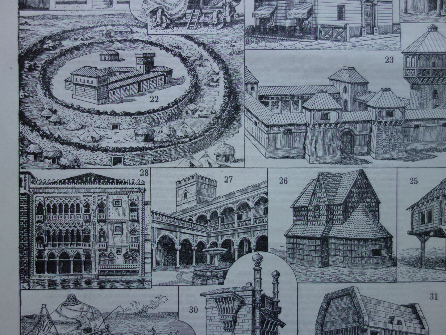 HUIZEN Oude architectuur prent over woningen originele antieke illustratie geschiedenis van huis woning woningbouw afbeelding vintage print