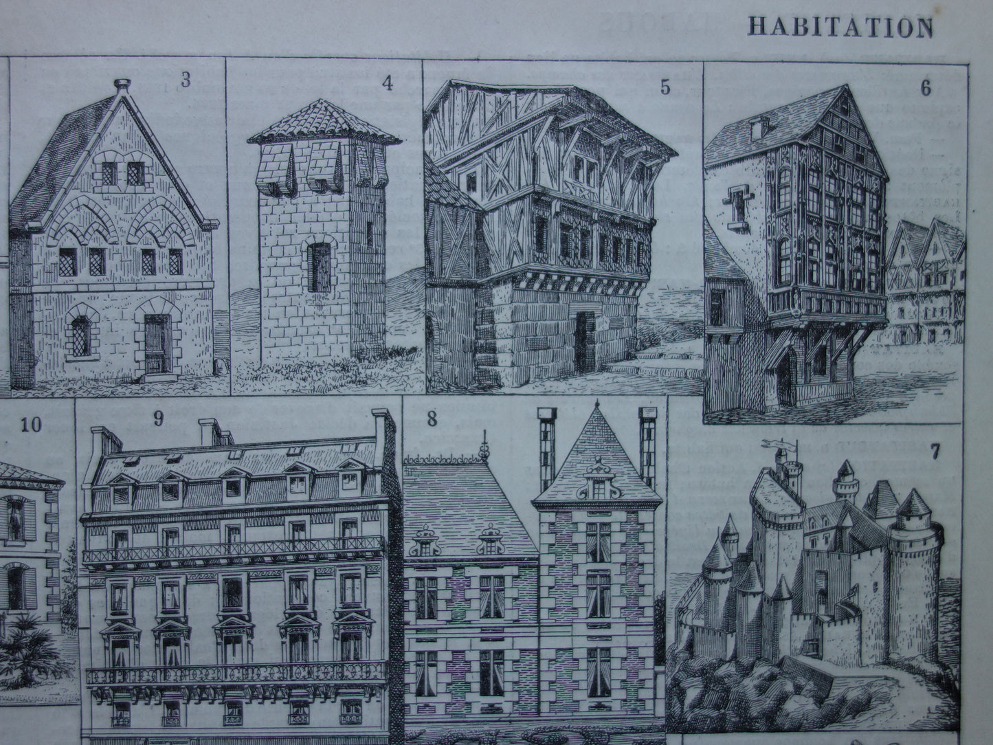 HUIZEN Oude architectuur prent over woningen originele antieke illustratie geschiedenis van huis woning woningbouw afbeelding vintage print