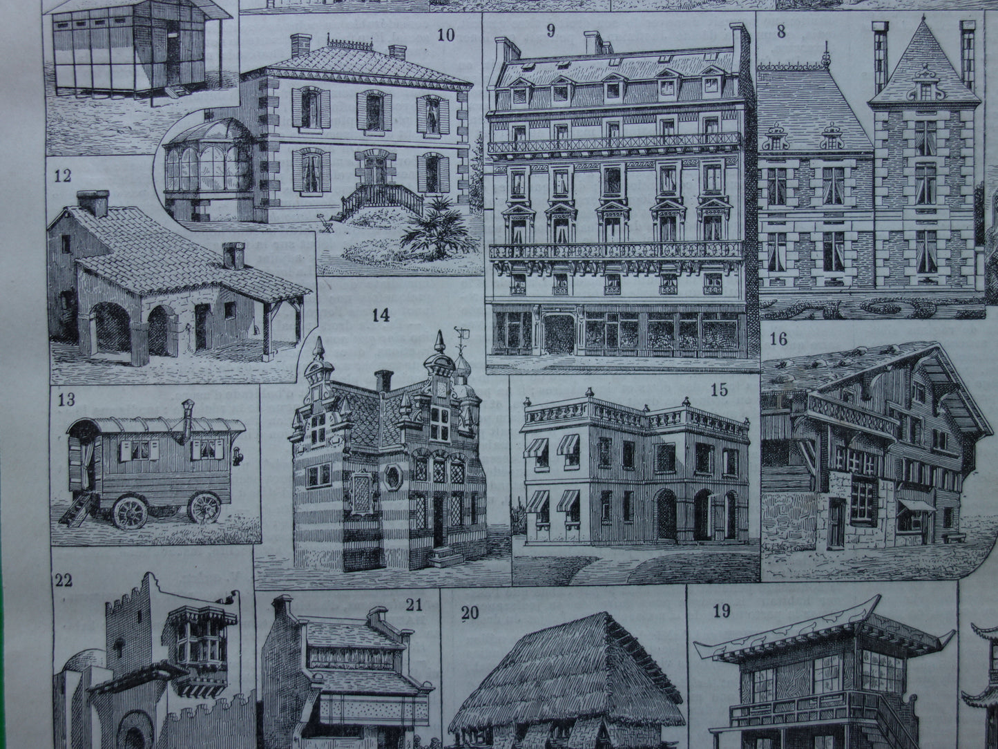 HUIZEN Oude architectuur prent over woningen originele antieke illustratie geschiedenis van huis woning woningbouw afbeelding vintage print
