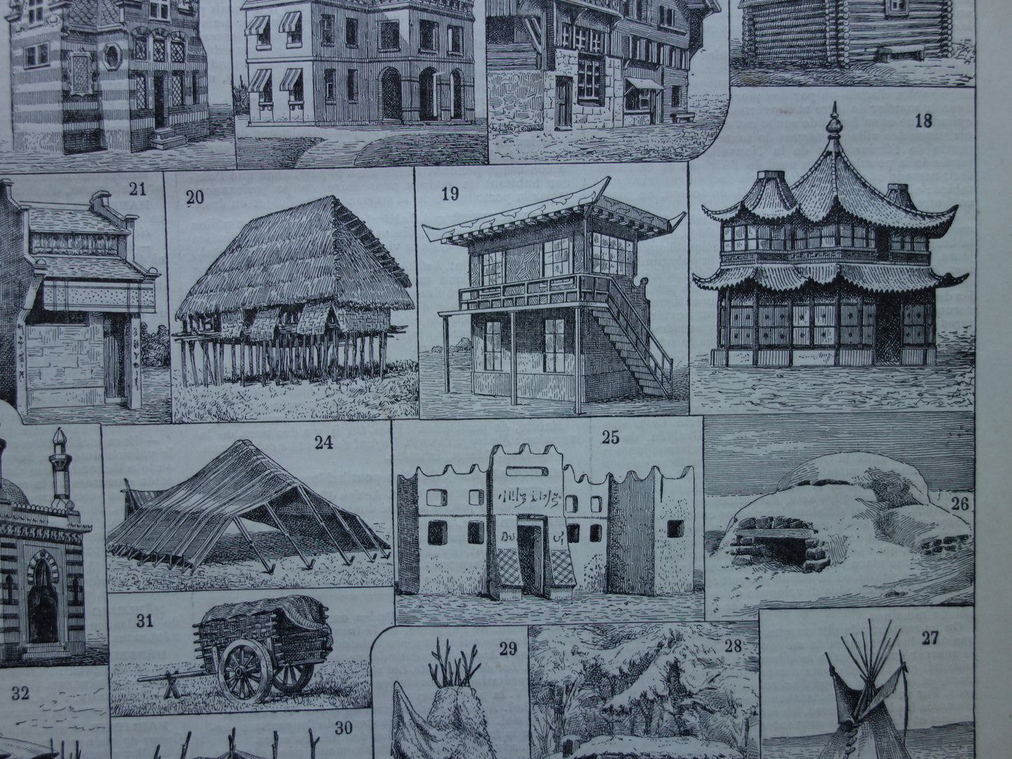 HUIZEN Oude architectuur prent over woningen originele antieke illustratie geschiedenis van huis woning woningbouw afbeelding vintage print