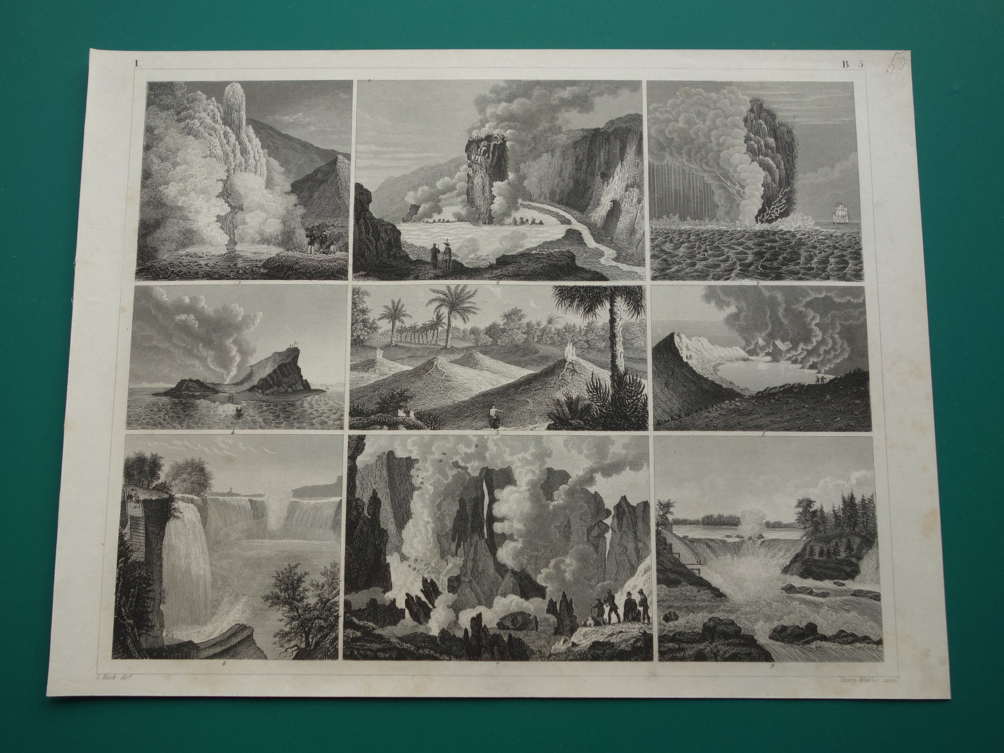 Vulkanen en Watervallen Oude geologie prent met beroemde vulkaan waterval Originele antieke geologische prenten Niagara Geysir geiser vintage print