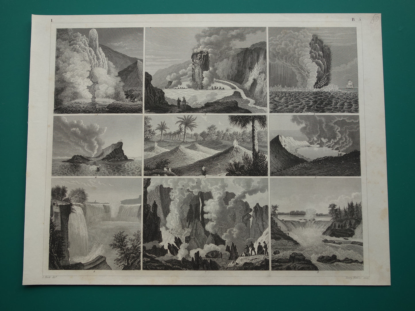 Vulkanen en Watervallen Oude geologie prent met beroemde vulkaan waterval Originele antieke geologische prenten Niagara Geysir geiser vintage print