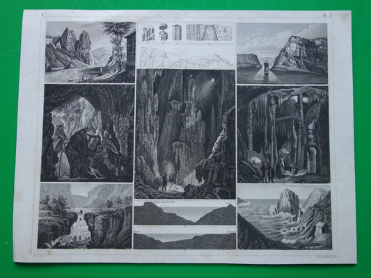 GROTTEN Oude geologie prent met beroemde grotten Originele antieke geologische prenten Watervallen Grot vintage print