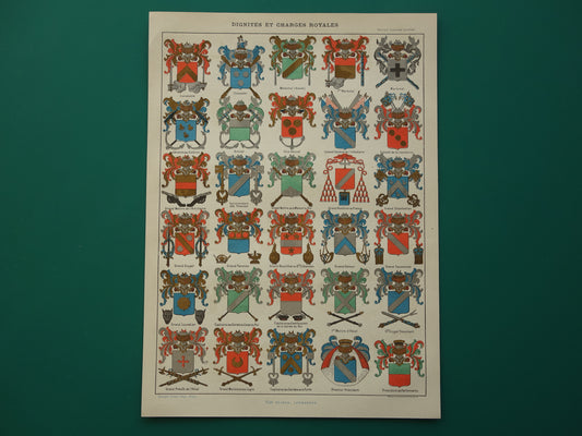 HERALDIEK set van 4 oude prenten over Wapens Medailles Emblemen Originele antieke Franse prent prints Wapenschild Koninklijke Onderscheidingen Heraldisch Wapen