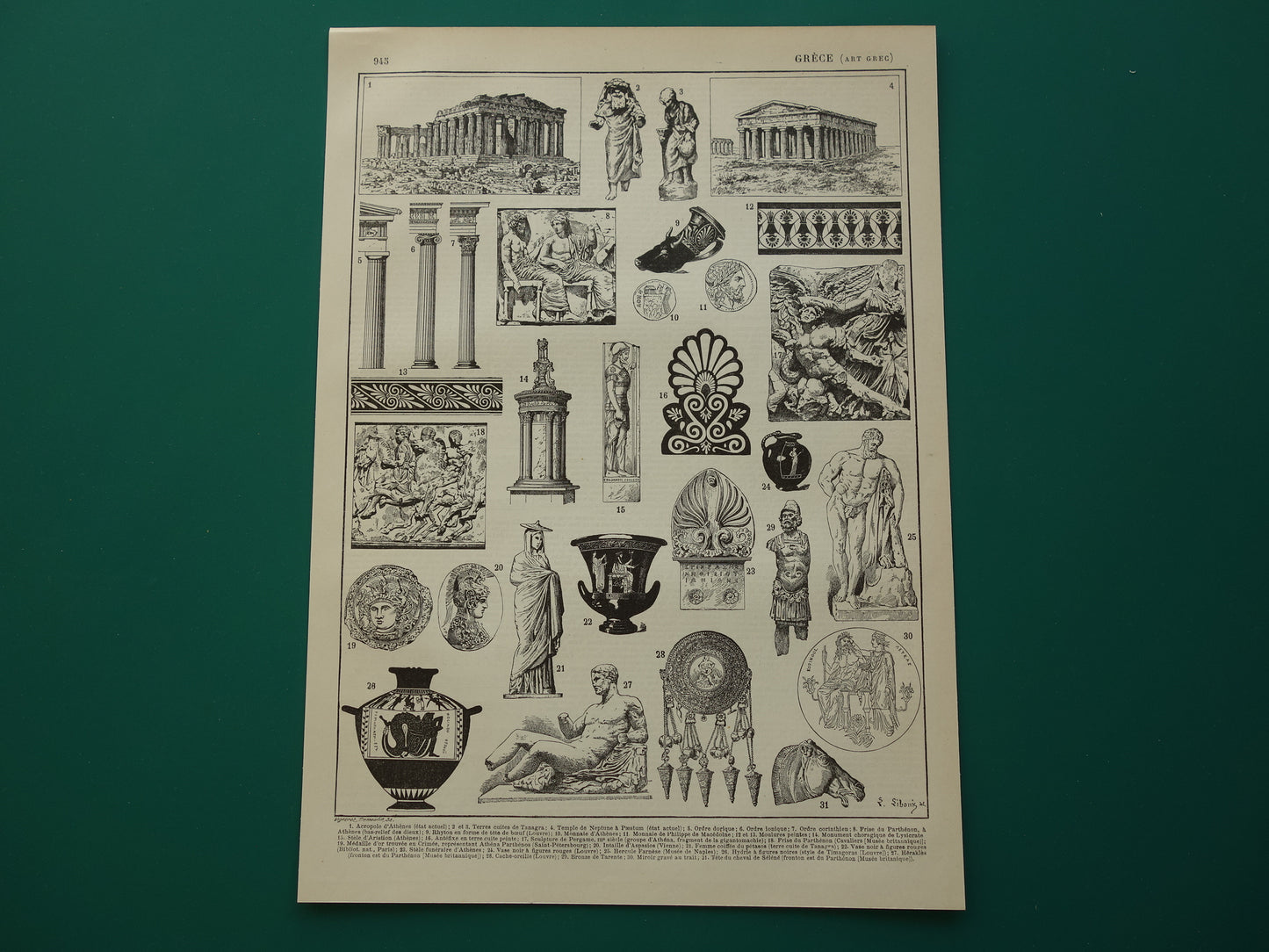 Oude prent over Griekse kunst en architectuur uit de oudheid Originele antieke illustratie Akropolis Parthenon beeldhouwwerken Vintage Prints