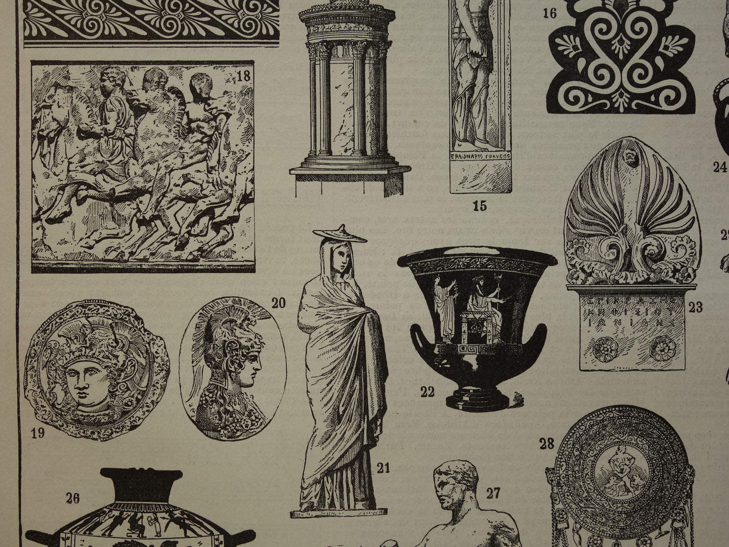 Oude prent over Griekse kunst en architectuur uit de oudheid Originele antieke illustratie Akropolis Parthenon beeldhouwwerken Vintage Prints