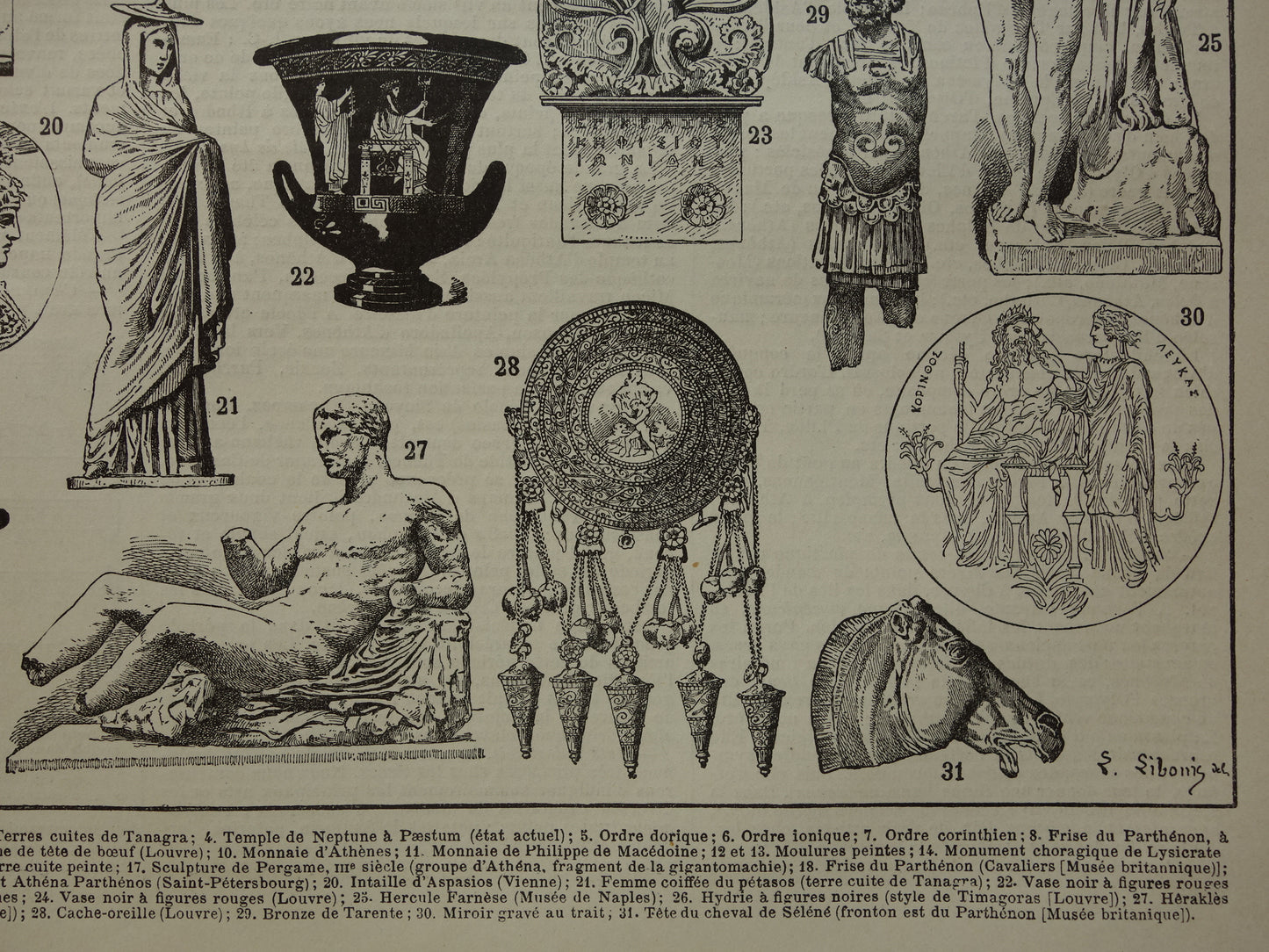 Oude prent over Griekse kunst en architectuur uit de oudheid Originele antieke illustratie Akropolis Parthenon beeldhouwwerken Vintage Prints