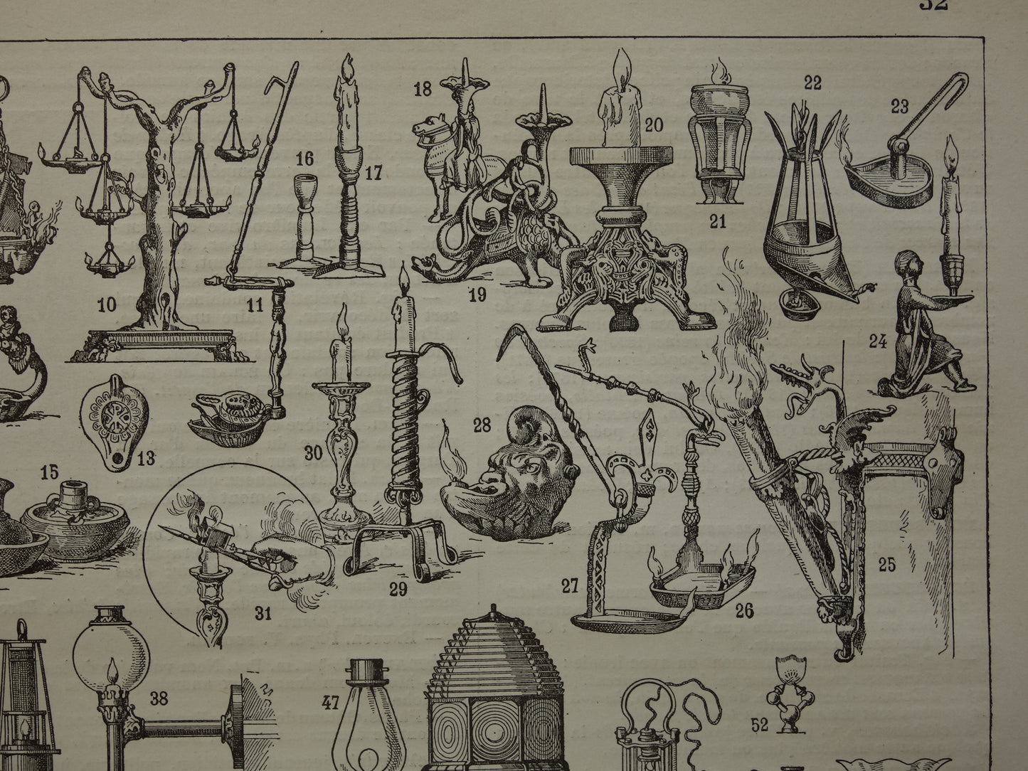 LAMPEN Oude prent over geschiedenis van licht Originele antieke technologie print lamp lantaarn kaars verlichting Vintage prints