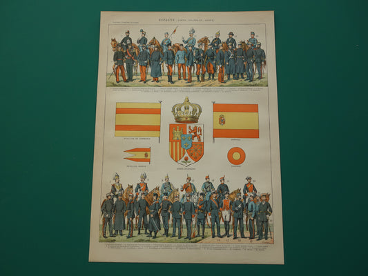 Oude prent van Spaanse Leger Uniformen en Vlaggen originele antieke illustratie Spanje Vlag Uniform pre WWI vintage afbeelding prints