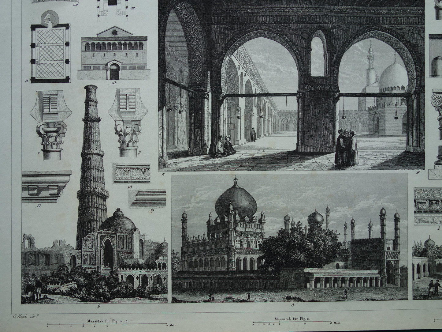 Oude Architectuur Prent met Ibn Toeloenmoskee Caïro Ibrahim Rauza Bijapur India Qutb Minar antieke illustratie Vintage Print