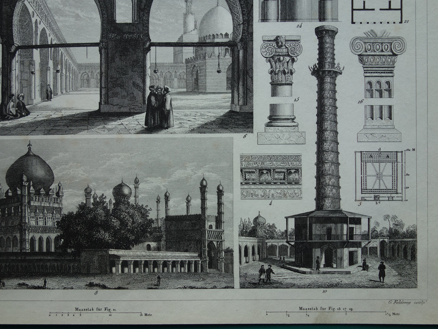 Oude Architectuur Prent met Ibn Toeloenmoskee Caïro Ibrahim Rauza Bijapur India Qutb Minar antieke illustratie Vintage Print