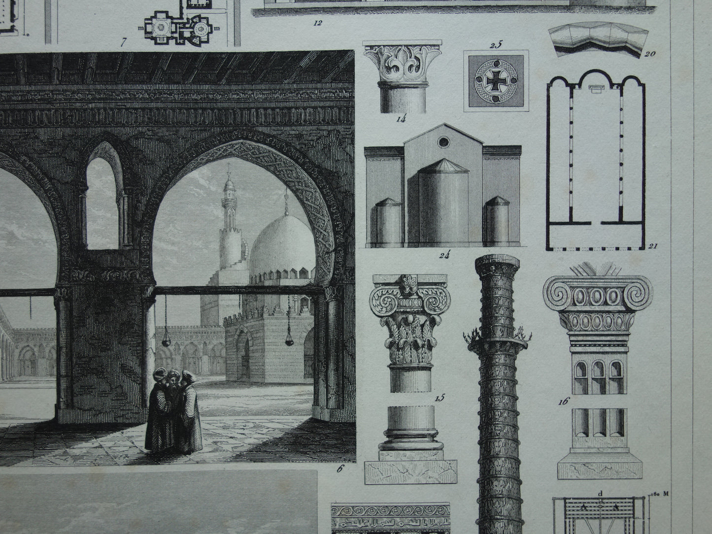 Oude Architectuur Prent met Ibn Toeloenmoskee Caïro Ibrahim Rauza Bijapur India Qutb Minar antieke illustratie Vintage Print