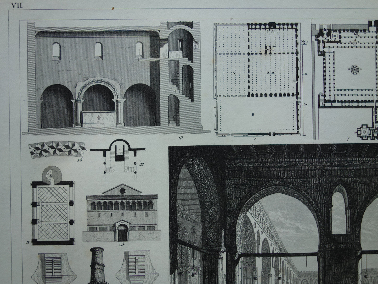 Oude Architectuur Prent met Ibn Toeloenmoskee Caïro Ibrahim Rauza Bijapur India Qutb Minar antieke illustratie Vintage Print