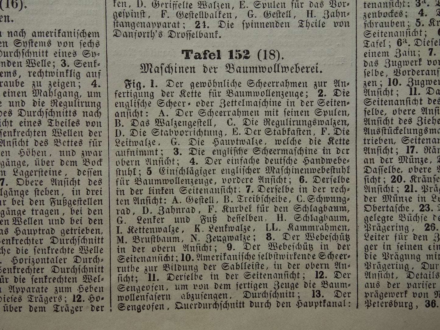 Antieke technologie prent katoen weverij weefgetouw uit 1851 originele 170+ jaar oude illustratie van katoen weven productie