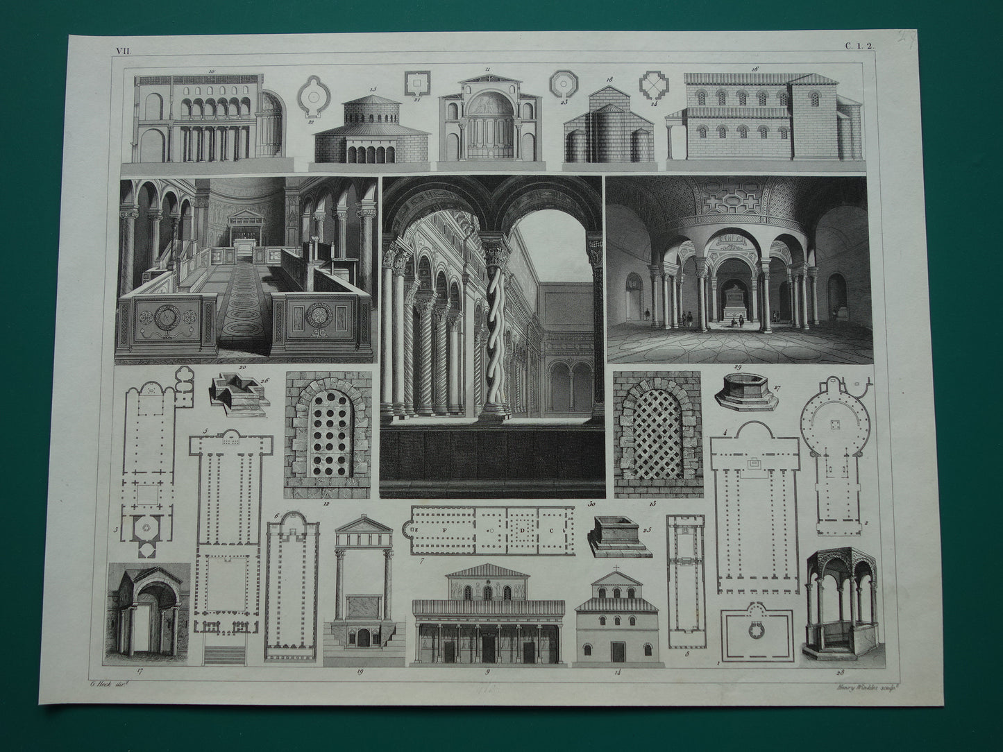 Oude architectuur prent Kerken Basilieken Originele antieke illustratie Kerk Rome Basiliek architectuurgeschiedenis print