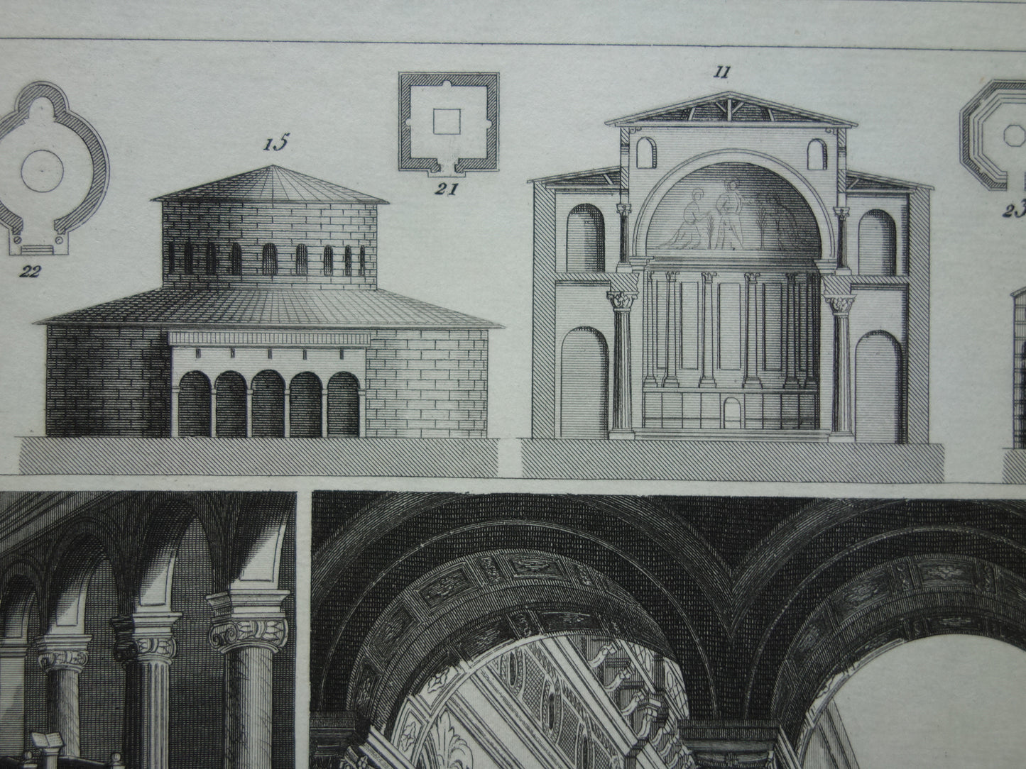 Oude architectuur prent Kerken Basilieken Originele antieke illustratie Kerk Rome Basiliek architectuurgeschiedenis print