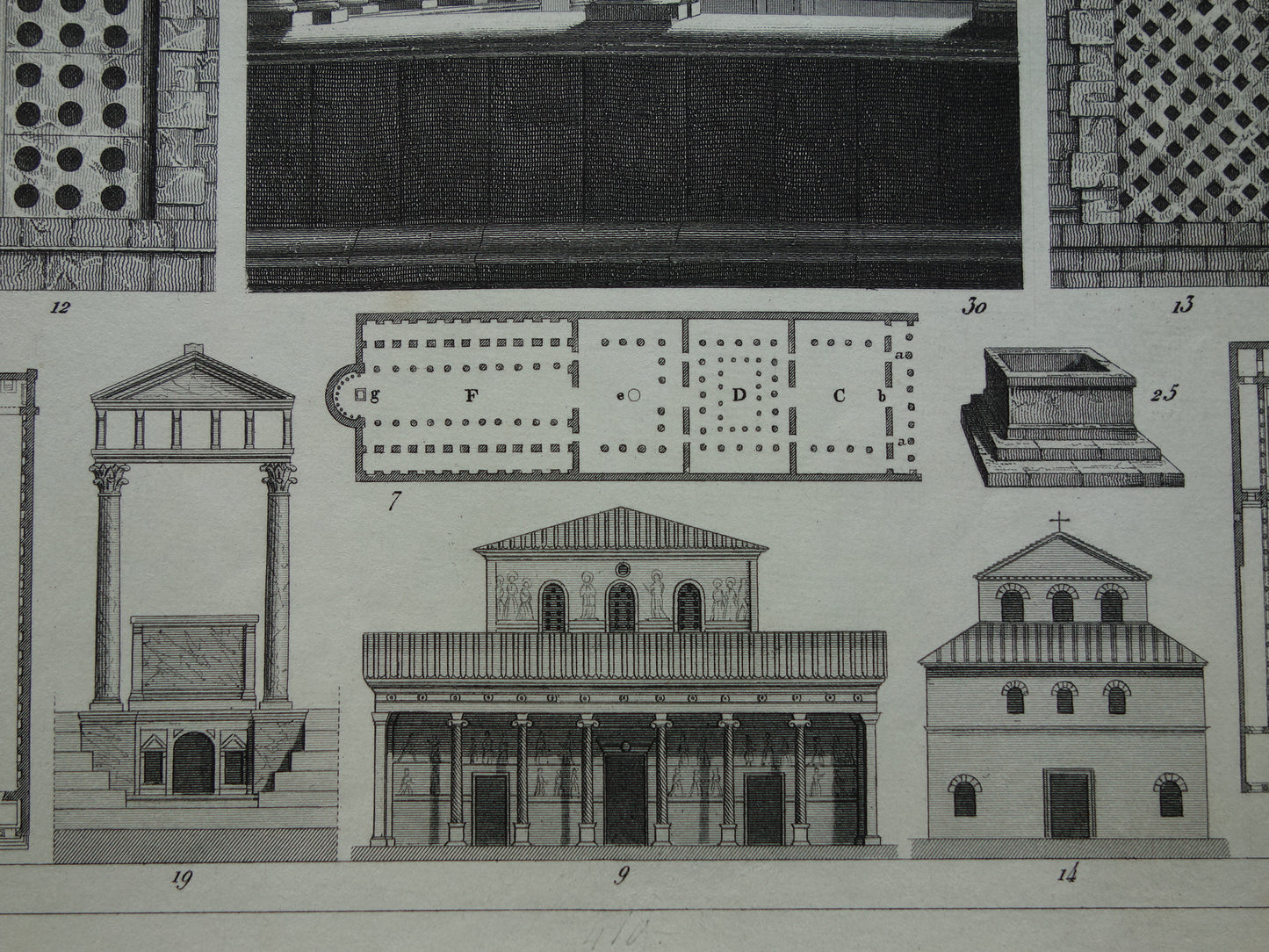 Oude architectuur prent Kerken Basilieken Originele antieke illustratie Kerk Rome Basiliek architectuurgeschiedenis print