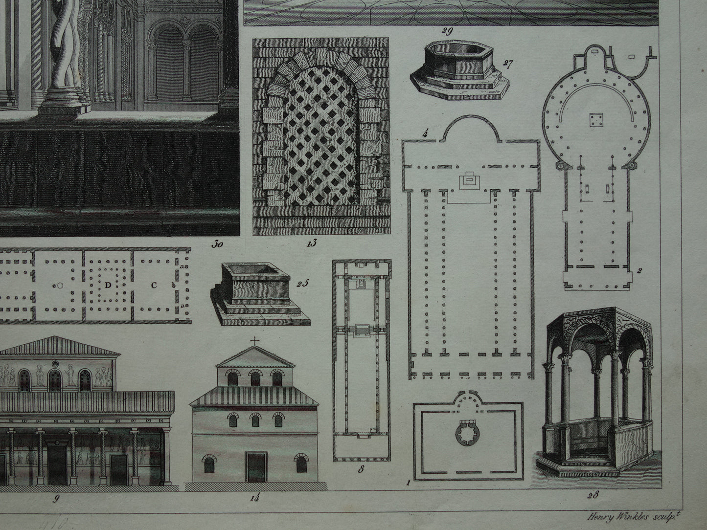Oude architectuur prent Kerken Basilieken Originele antieke illustratie Kerk Rome Basiliek architectuurgeschiedenis print