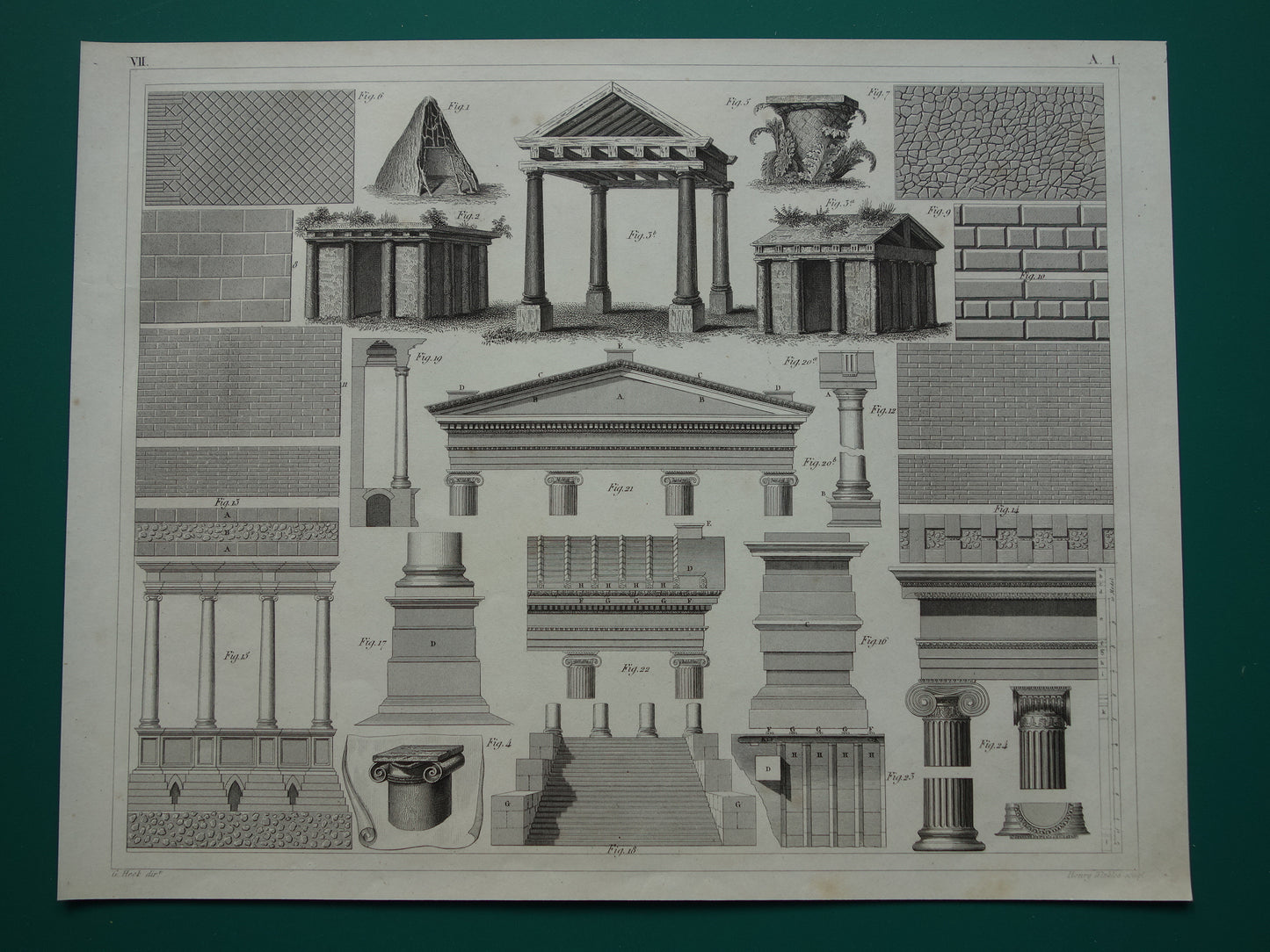 Oude architectuur prent bouwen in de klassieke oudheid Originele antieke illustratie Griekse zuilen muren daken architectuurgeschiedenis print