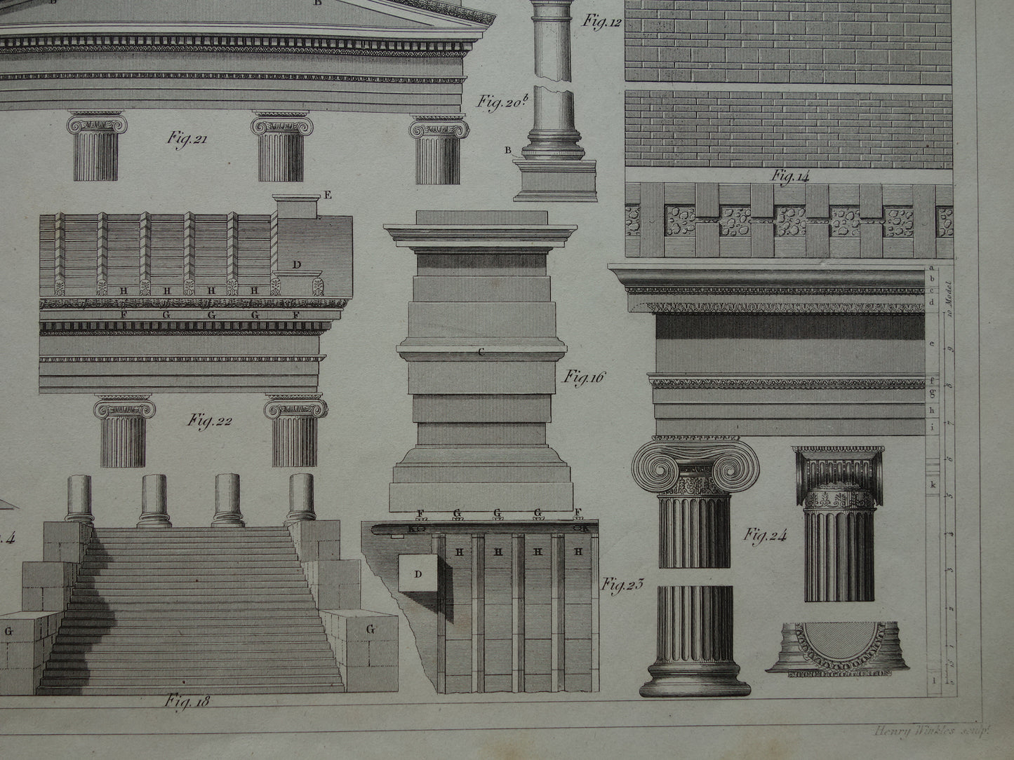 Oude architectuur prent bouwen in de klassieke oudheid Originele antieke illustratie Griekse zuilen muren daken architectuurgeschiedenis print