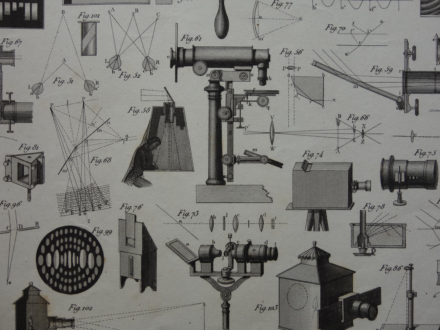 OPTICA 170+ jaar oude prent over wetenschappelijke experimenten licht lenzen antieke wetenschap print over natuurkunde lab laboratorium poster print