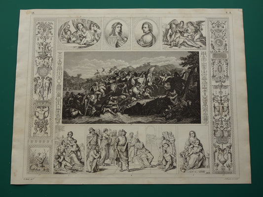 Oude prent kunstgeschiedenis schilderkunst uit renaissance Raphael Anthony van Dyck Le passage du Granique antieke illustratie