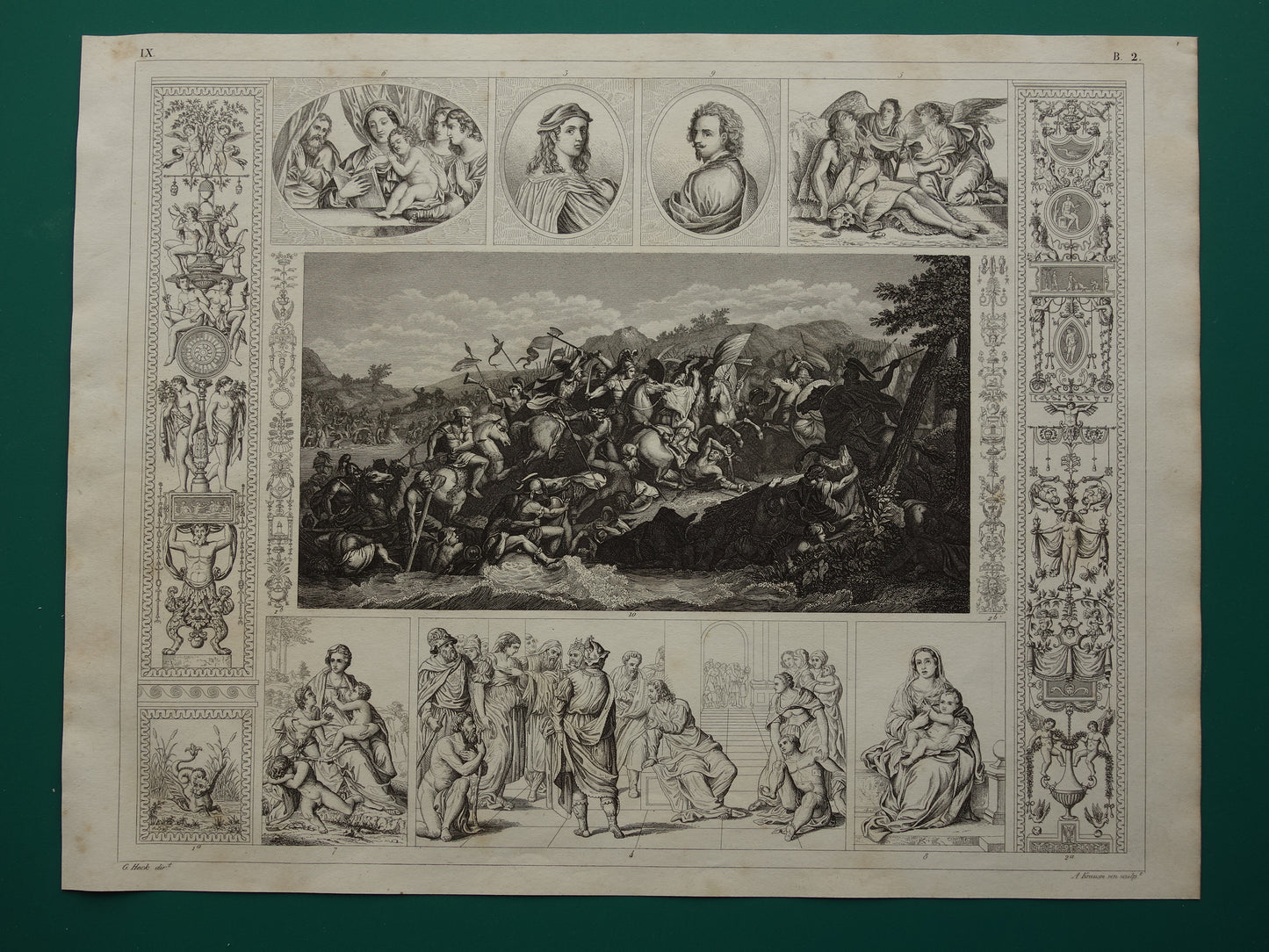 Oude prent kunstgeschiedenis schilderkunst uit renaissance Raphael Anthony van Dyck Le passage du Granique antieke illustratie