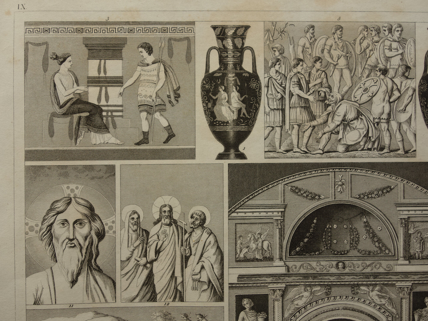 Oude prent kunstgeschiedenis Romeinse muurschildering mozaïek Originele antieke illustratie schilderkunst Romeinse tijd en middeleeuwen