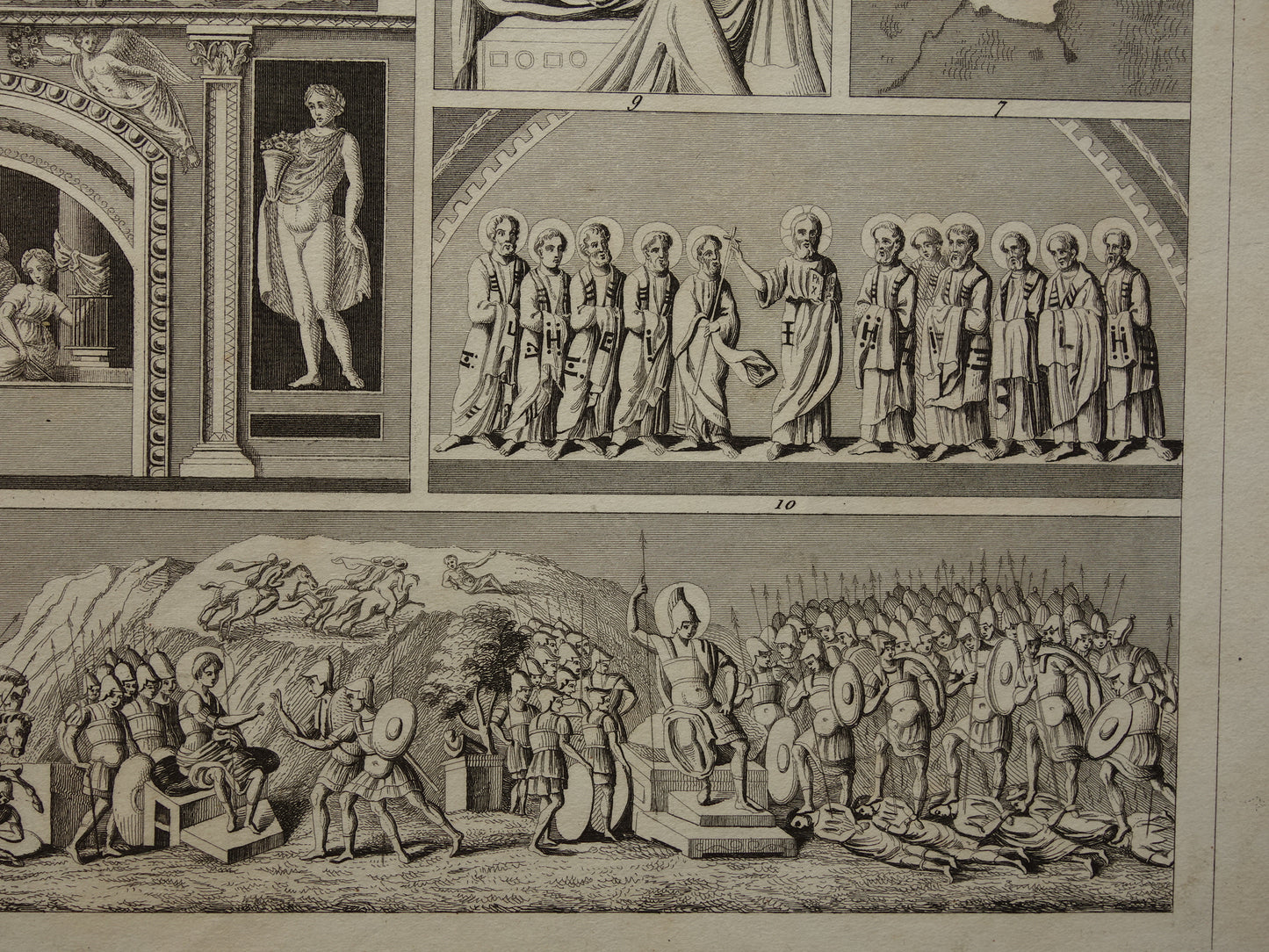 Oude prent kunstgeschiedenis Romeinse muurschildering mozaïek Originele antieke illustratie schilderkunst Romeinse tijd en middeleeuwen
