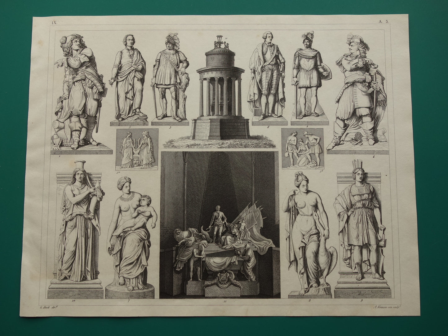 Oude prent kunstgeschiedenis standbeelden Originele antieke print Kunst Jean-Baptiste Pigalle Beeldhouwkunst vintage illustratie Beeldhouwer