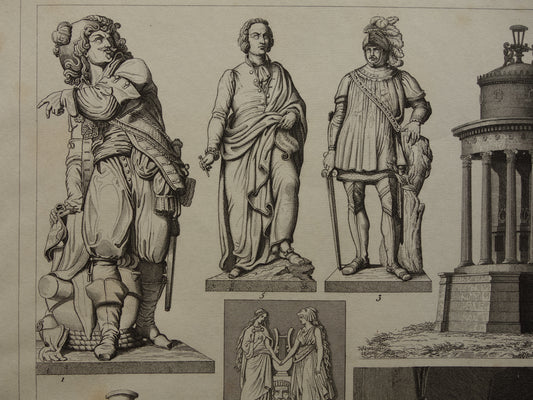 Oude prent kunstgeschiedenis standbeelden Originele antieke print Kunst Jean-Baptiste Pigalle Beeldhouwkunst vintage illustratie Beeldhouwer