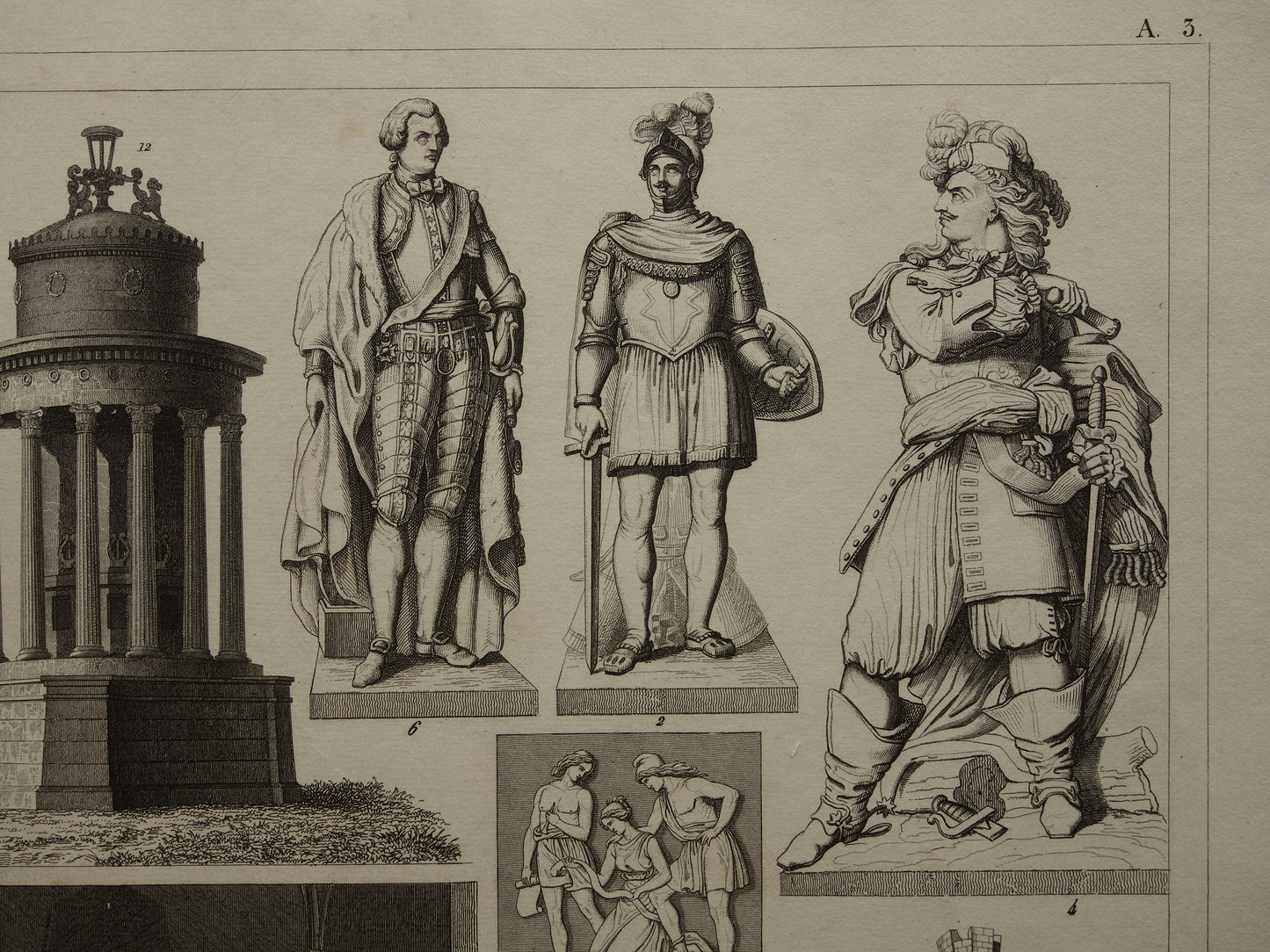 Oude prent kunstgeschiedenis standbeelden Originele antieke print Kunst Jean-Baptiste Pigalle Beeldhouwkunst vintage illustratie Beeldhouwer