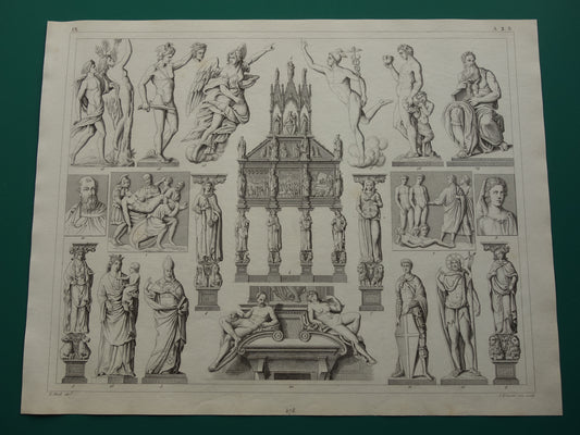 Antiker Druck Kunstgeschichte Skulpturen Michelangelo Donatello Antiker Originaldruck Giovanni di Balduccio Kunstskulptur Vintage Illustration Sculptor