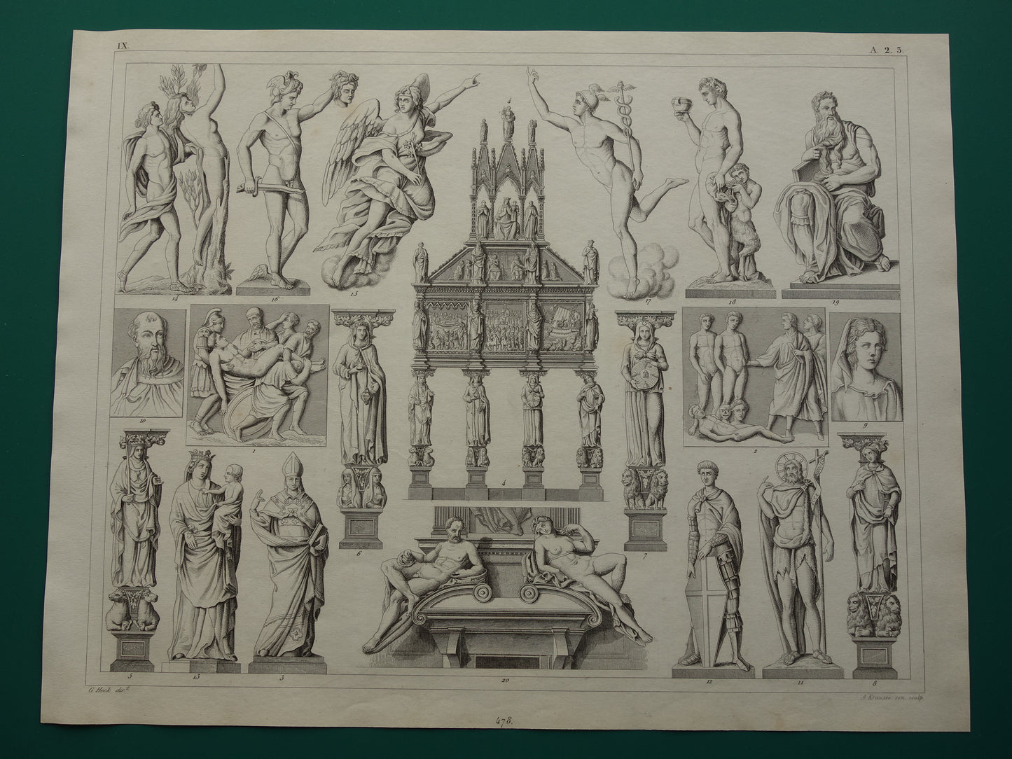 Antieke prent kunstgeschiedenis Beeldhouwwerken Michelangelo Donatello Originele antieke print Giovanni di Balduccio Kunst Beeldhouwkunst vintage illustratie Beeldhouwer