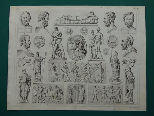 Oude prent kunstgeschiedenis Griekenland Originele antieke print Griekse Beelden Kunst Beeldhouwkunst vintage illustratie Beeldhouwwerken