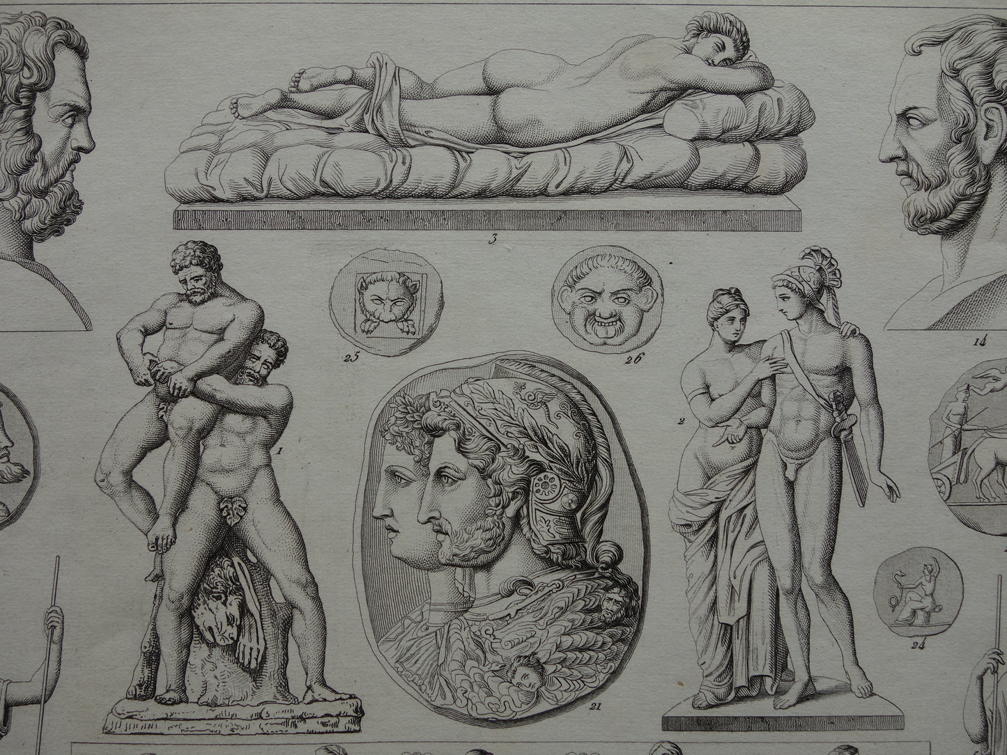 Oude prent kunstgeschiedenis Griekenland Originele antieke print Griekse Beelden Kunst Beeldhouwkunst vintage illustratie Beeldhouwwerken