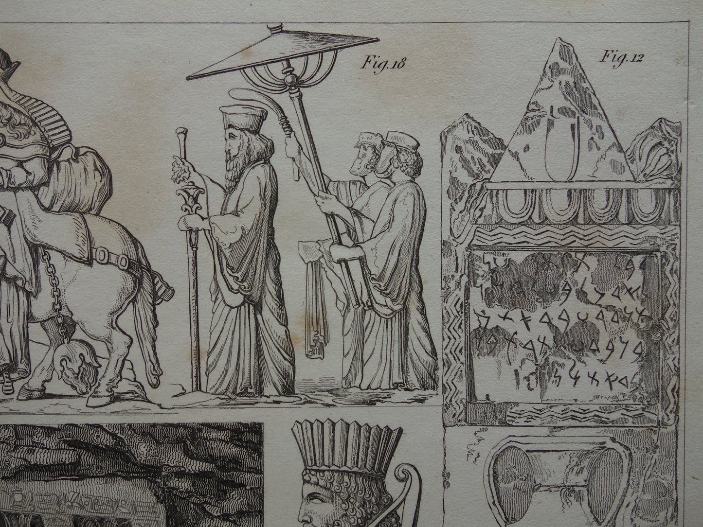 Oude prent kunstgeschiedenis Originele antieke print Egyptische Perzische Kunst Abu Simbel Tempel Farao Beeldhouwkunst vintage illustratie Beeldhouwwerken